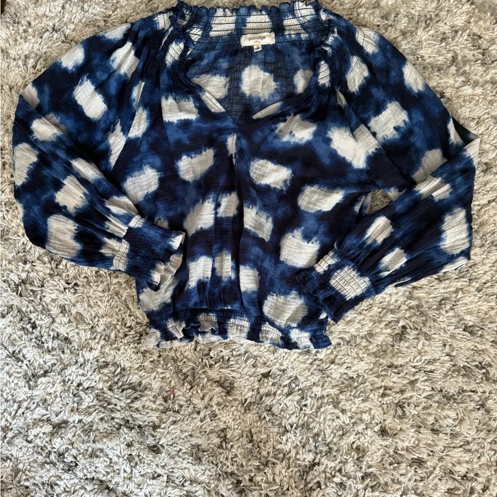 Porridge for Anthropologie Blue and White 3/4 Sleeve Relaxed Blouse - Picture 3 of 5